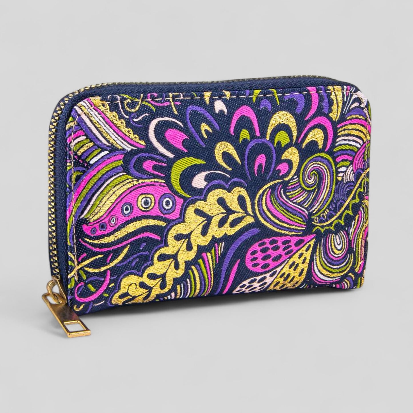 Vibrant Purple Geometric Patterned Woven Zipper Wallet with Gold Accents
