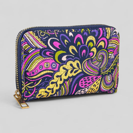 Vibrant Purple Geometric Patterned Woven Zipper Wallet with Gold Accents