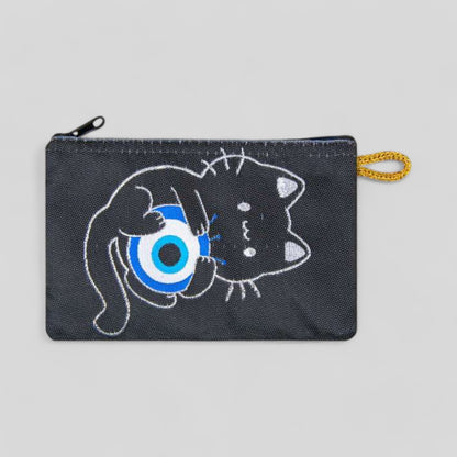 Black Cute Kitten with Evil Eye Ball Patterned Woven Zipper Coin Purse