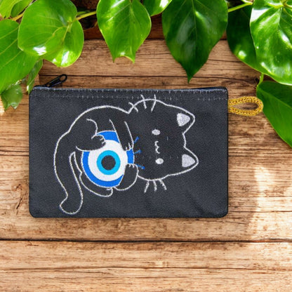 Black Cute Kitten with Evil Eye Ball Patterned Woven Zipper Coin Purse