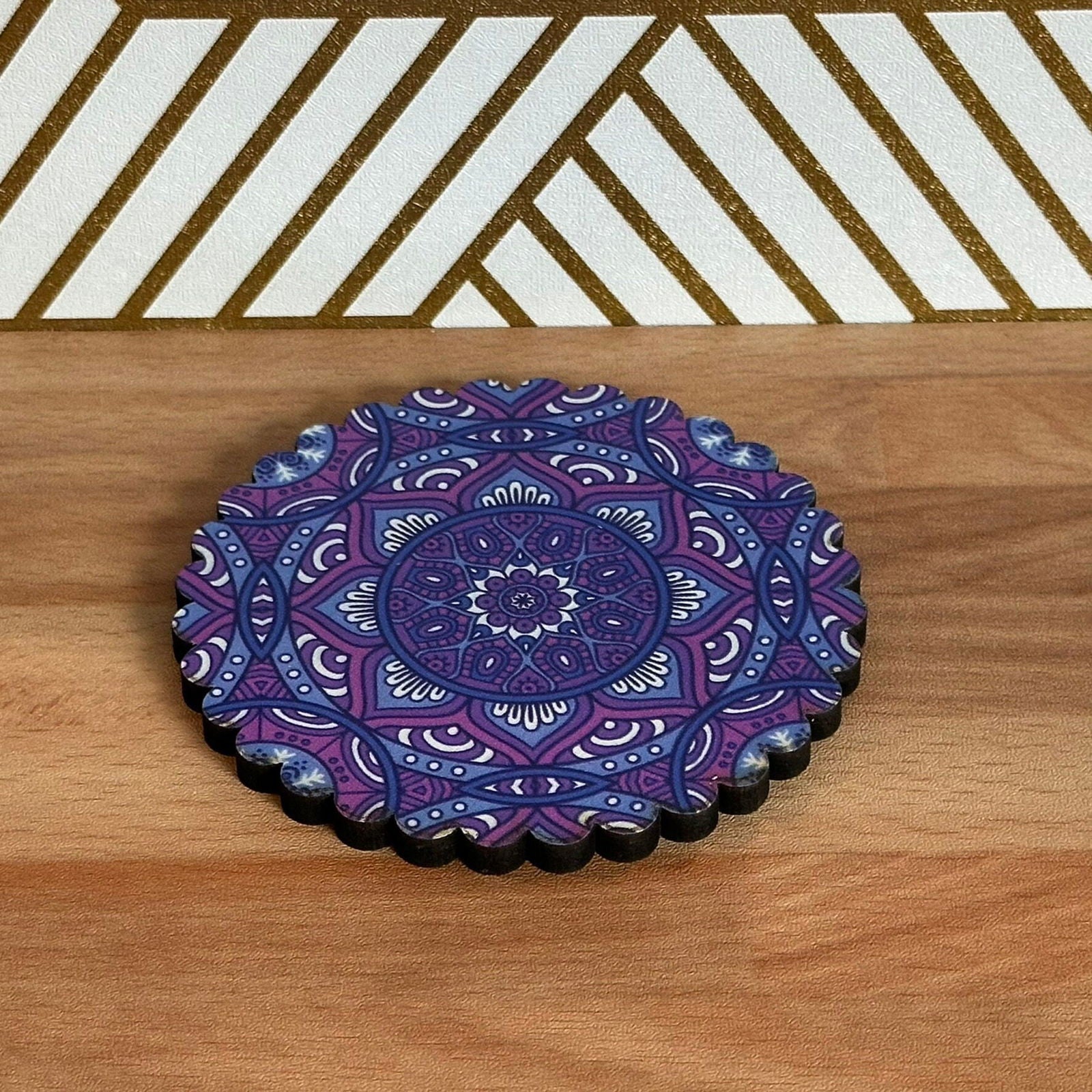 6 Pack Turkish Wooden Coaster Set with Holder - Dark Purple Floral Mandala -- Made in Turkey - Guzel Handcrafts - #tag1# - #tag2# - #tag3# - #tag4#