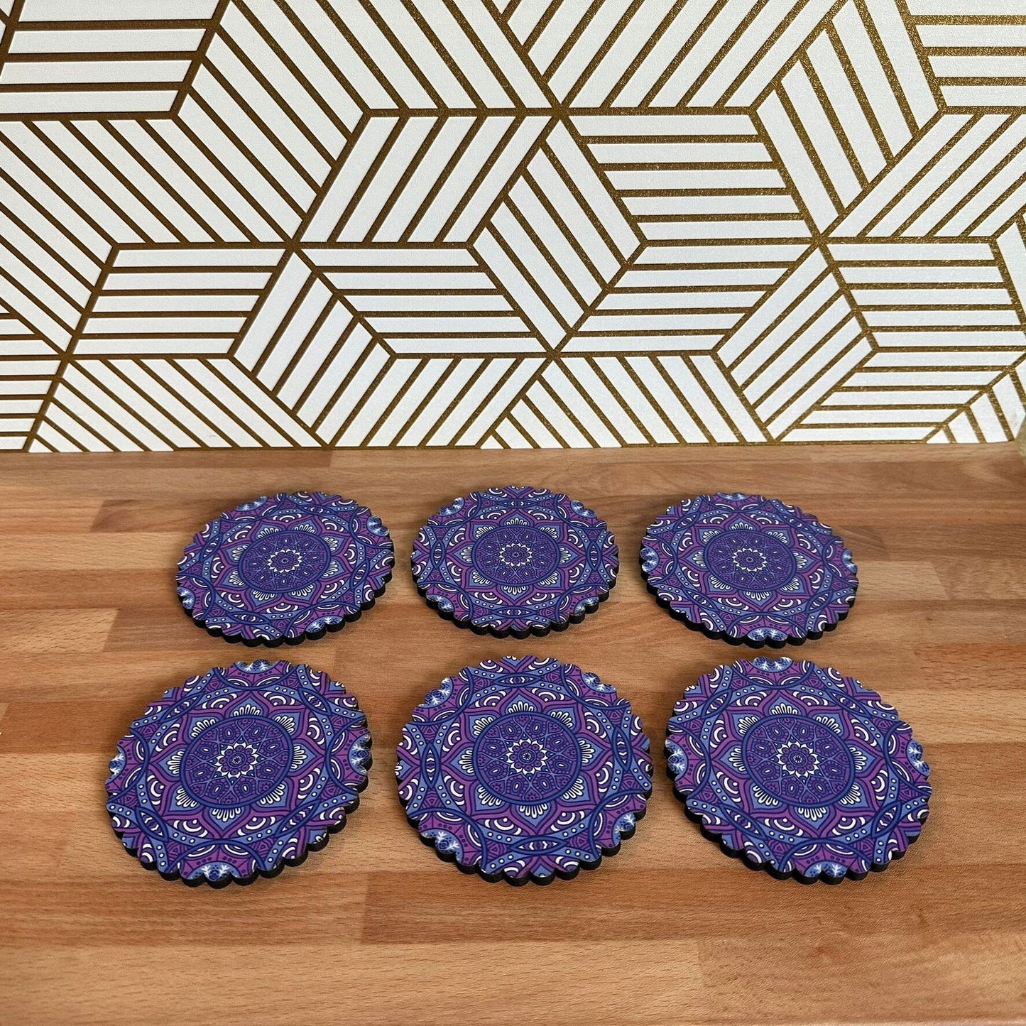 6 Pack Turkish Wooden Coaster Set with Holder - Dark Purple Floral Mandala -- Made in Turkey - Guzel Handcrafts - #tag1# - #tag2# - #tag3# - #tag4#