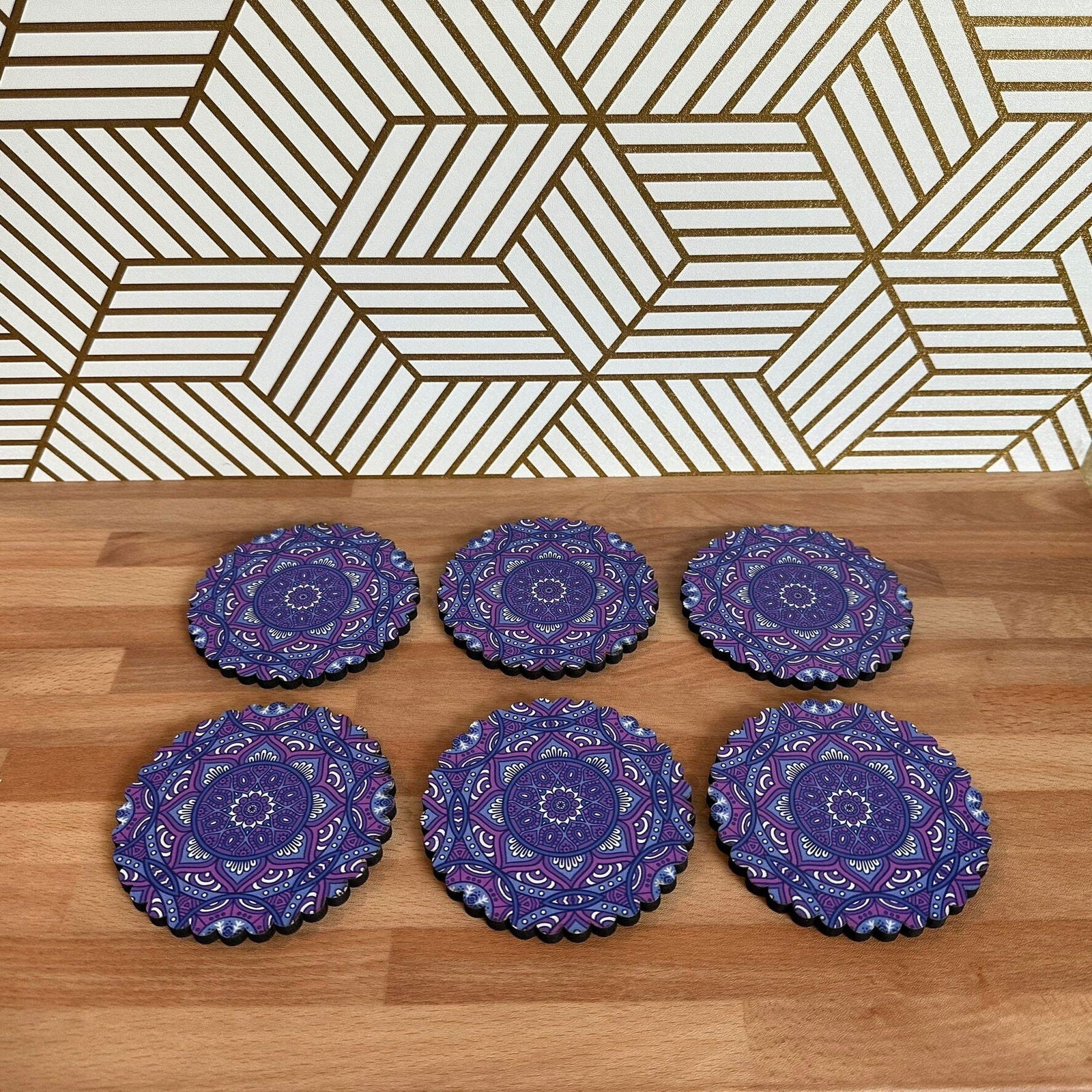 6 Pack Turkish Wooden Coaster Set with Holder - Dark Purple Floral Mandala -- Made in Turkey - Guzel Handcrafts - #tag1# - #tag2# - #tag3# - #tag4#