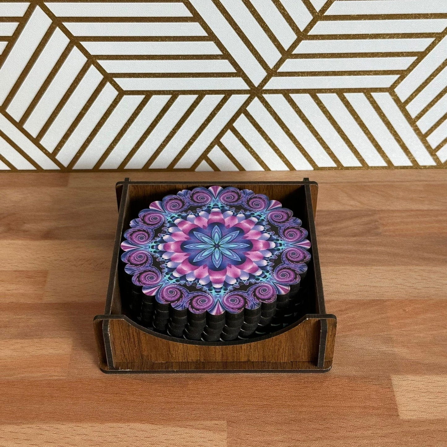 6 Pack Turkish Wooden Coaster Set with Holder - Purple Tone Floral Mandala -- Made in Turkey - Guzel Handcrafts - #tag1# - #tag2# - #tag3# - #tag4#