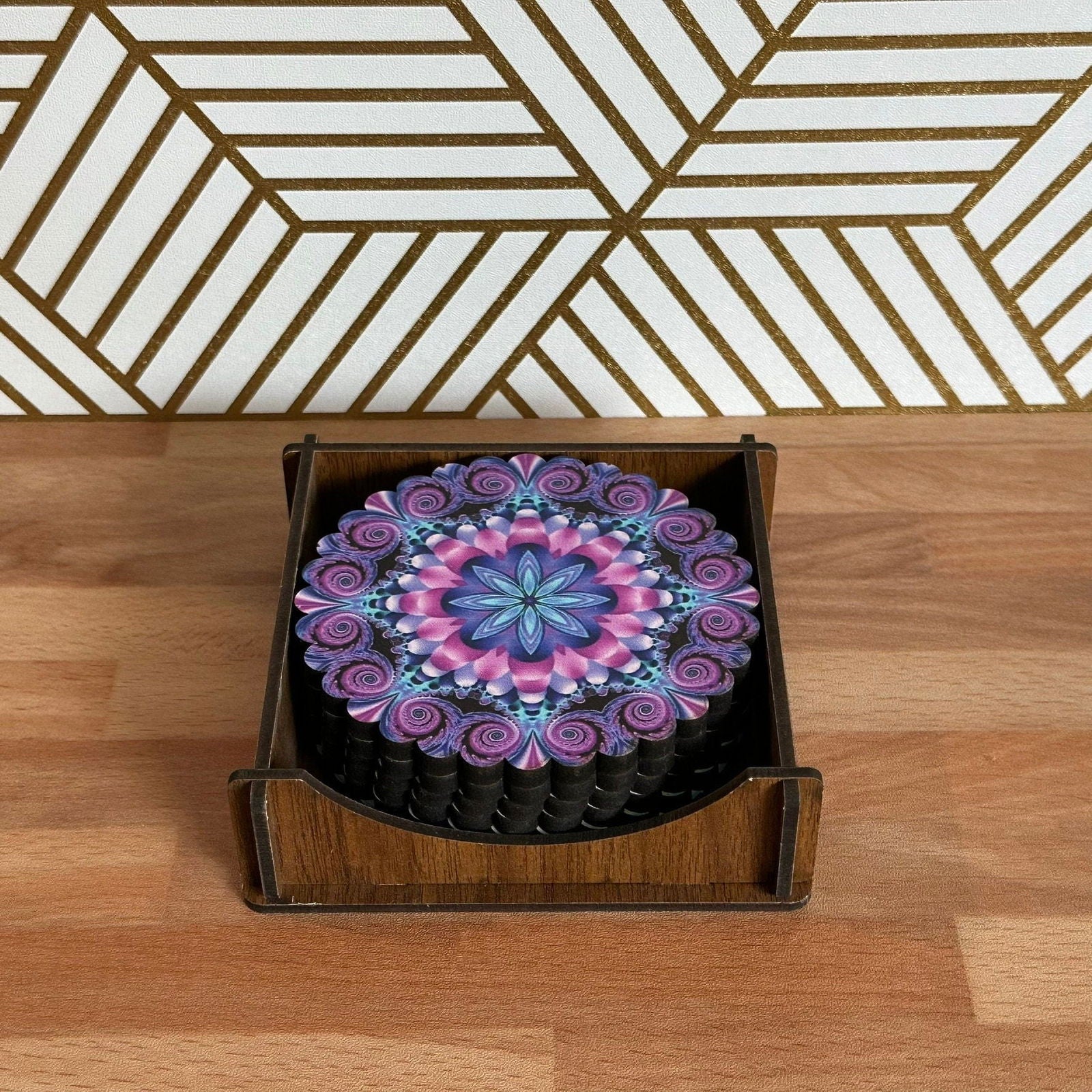 6 Pack Turkish Wooden Coaster Set with Holder - Purple Tone Floral Mandala -- Made in Turkey - Guzel Handcrafts - #tag1# - #tag2# - #tag3# - #tag4#