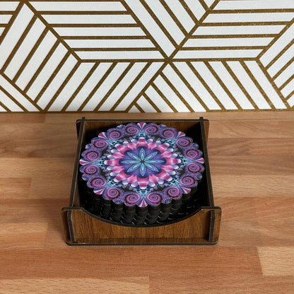 6 Pack Turkish Wooden Coaster Set with Holder - Purple Tone Floral Mandala -- Made in Turkey - Guzel Handcrafts - #tag1# - #tag2# - #tag3# - #tag4#