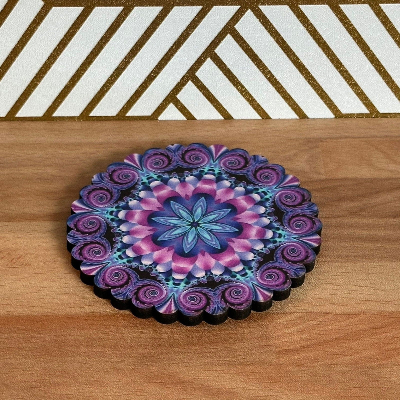 6 Pack Turkish Wooden Coaster Set with Holder - Purple Tone Floral Mandala -- Made in Turkey - Guzel Handcrafts - #tag1# - #tag2# - #tag3# - #tag4#
