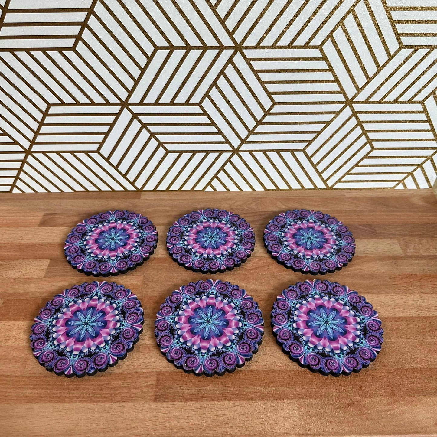 6 Pack Turkish Wooden Coaster Set with Holder - Purple Tone Floral Mandala -- Made in Turkey - Guzel Handcrafts - #tag1# - #tag2# - #tag3# - #tag4#