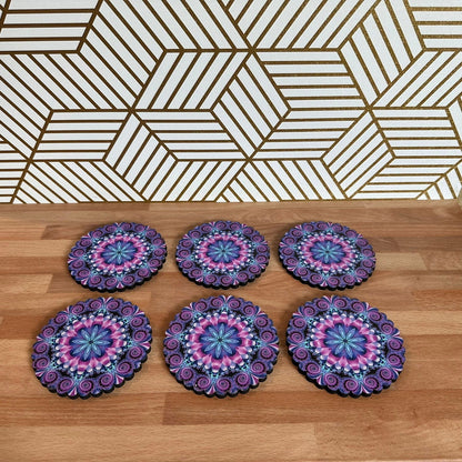 6 Pack Turkish Wooden Coaster Set with Holder - Purple Tone Floral Mandala -- Made in Turkey - Guzel Handcrafts - #tag1# - #tag2# - #tag3# - #tag4#
