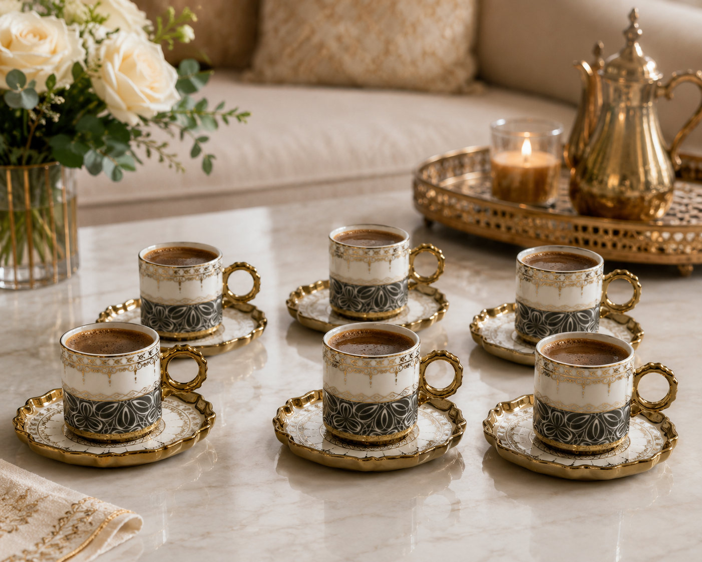 Luxury Turkish Coffee Cup Set for 6 – White & Charcoal Porcelain with Gold Accents