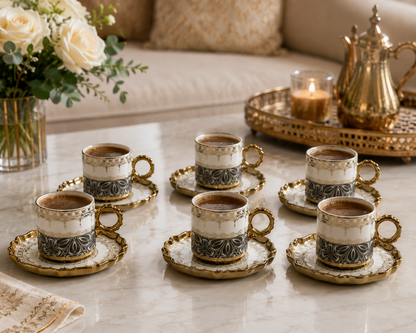 Luxury Turkish Coffee Cup Set for 6 – White & Charcoal Porcelain with Gold Accents