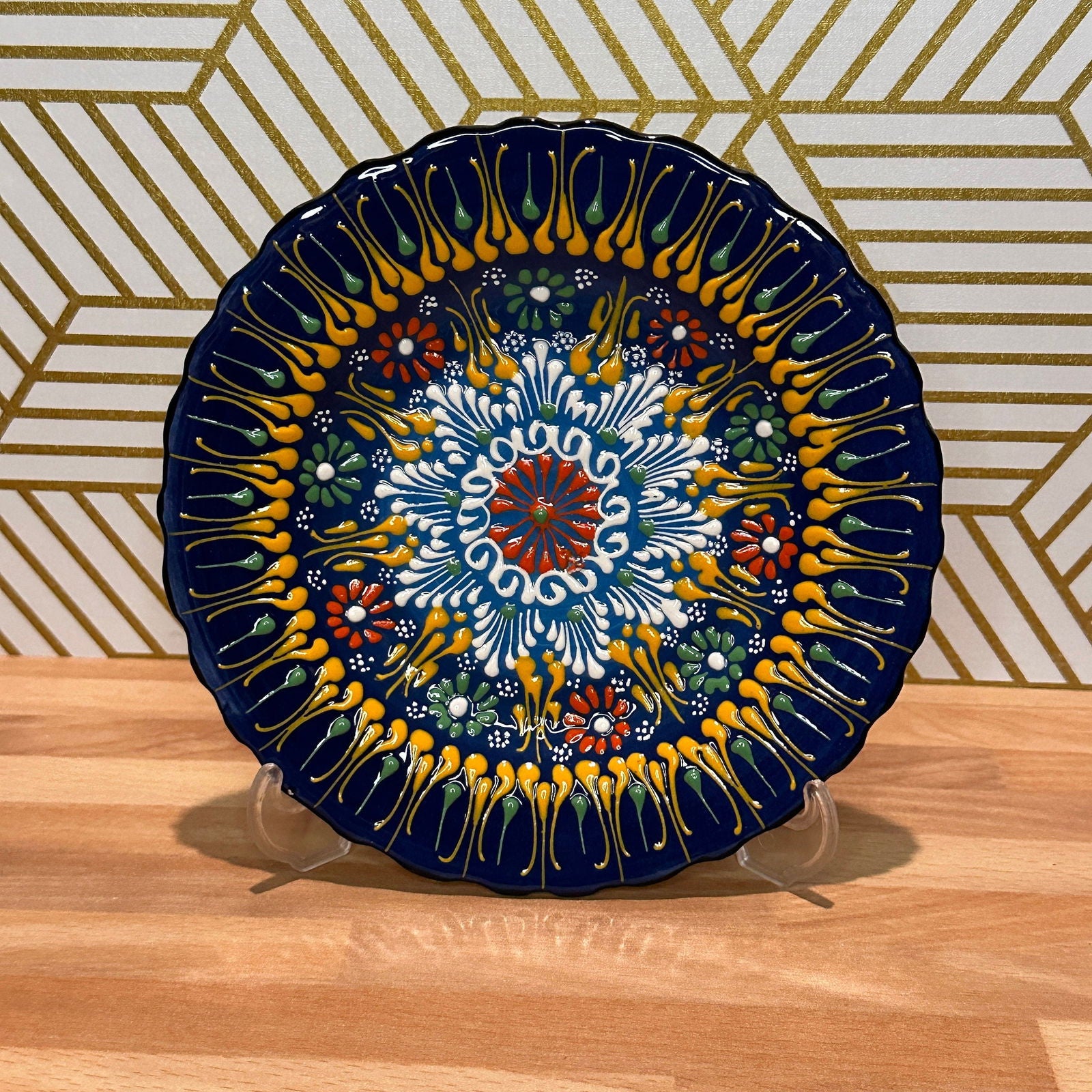 7” Turkish Ceramic Handmade & Painted Plate - Blue Dot Art Floral Tulip Patterned - Wall Hanging or Stand Use - Guzel Handcrafts