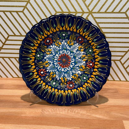 7” Turkish Ceramic Handmade & Painted Plate - Blue Dot Art Floral Tulip Patterned - Wall Hanging or Stand Use - Guzel Handcrafts