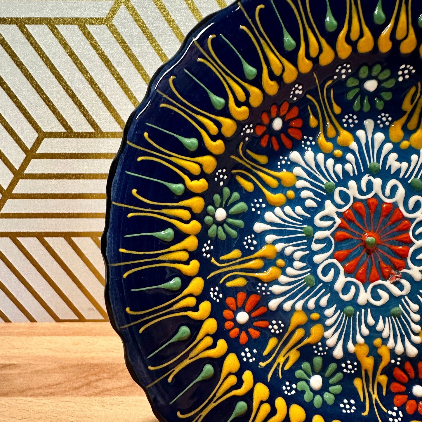 7” Turkish Ceramic Handmade & Painted Plate - Blue Dot Art Floral Tulip Patterned - Wall Hanging or Stand Use - Guzel Handcrafts