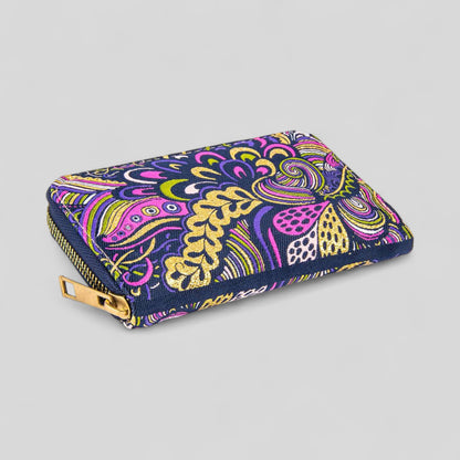 Vibrant Purple Geometric Patterned Woven Zipper Wallet with Gold Accents