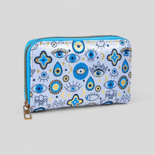 Cute Various Hamsa Hand and Evil Eye Patterned Woven Zipper Wallet with Gold Accents