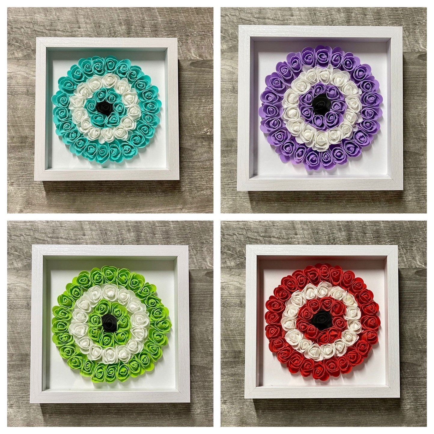 Handmade evil eye rose shadowbox with teal and white coil rosette in white frame
