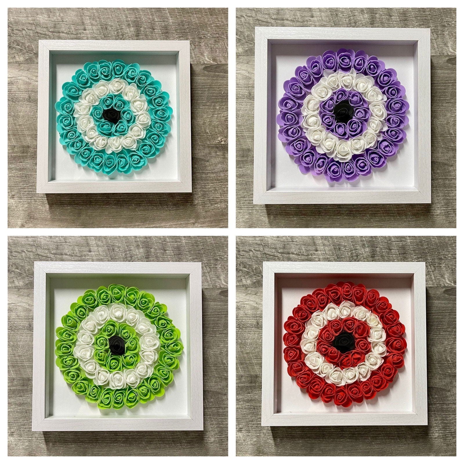 Handmade evil eye rose shadowbox with teal and white coil rosette in white frame