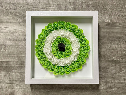 Handmade evil eye rose shadowbox with lime green and white coil rosette in white frame