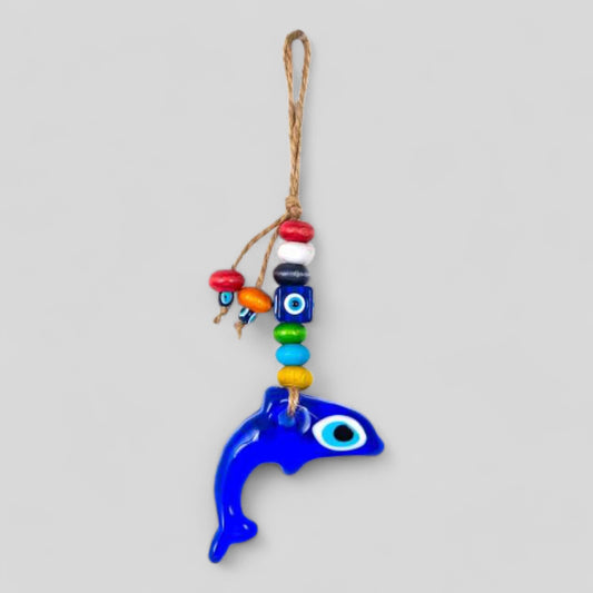 Mini Dolphin Shape Wall Hanging Evil Eye with Wood Beads Nazar Boncuk Mal De Ojo, Modern Boho Style Home Decor, Turkish Gift