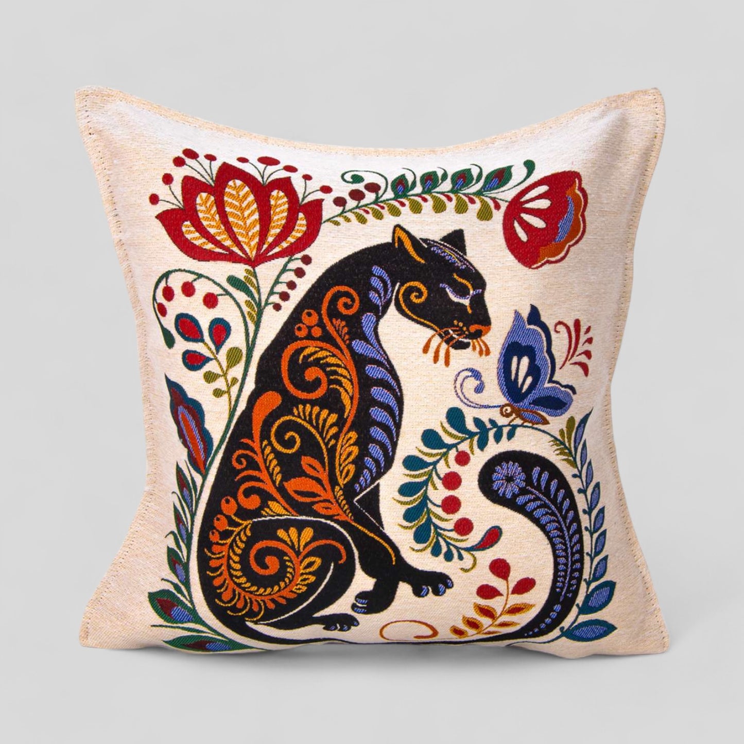 18" Turkish Square Pillow Cover - Floral Black Cat & Butterfly