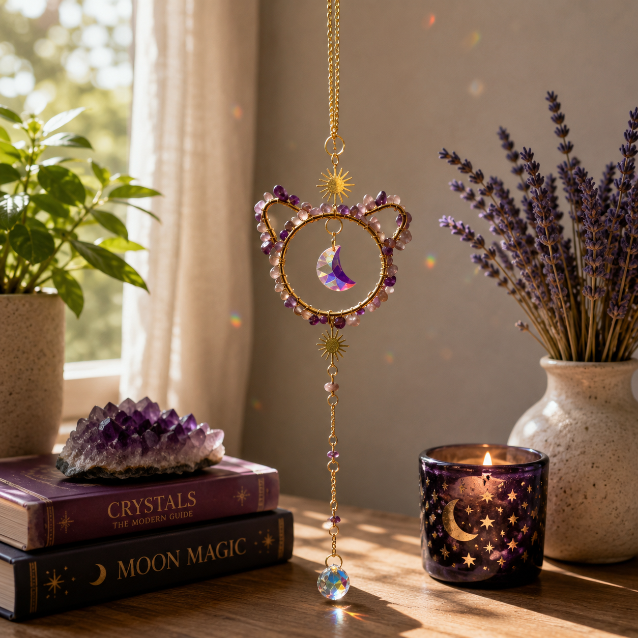 Amethyst Cat & Crystal Moon Suncatcher