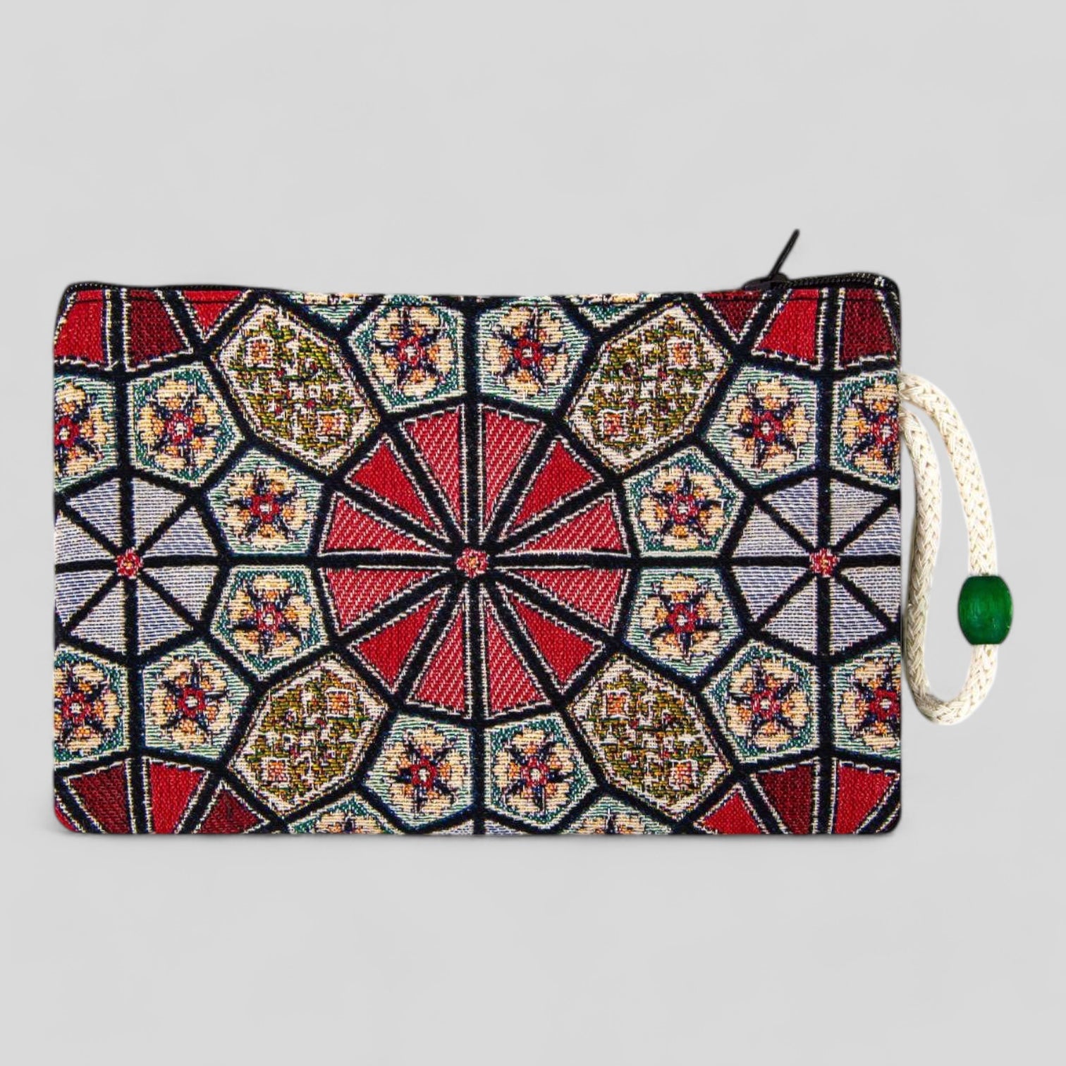Colorful kilim floral geometric zipper pouch clutch, rectangular with wrist strap