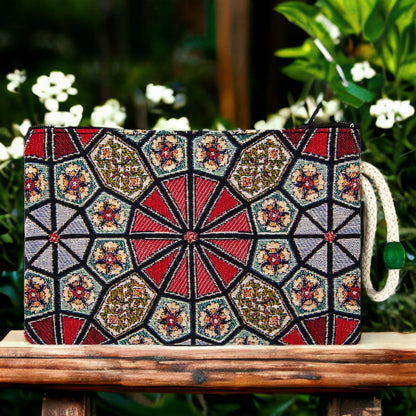Colorful geometric kilim zip pouch clutch with red, blue diamond floral pattern