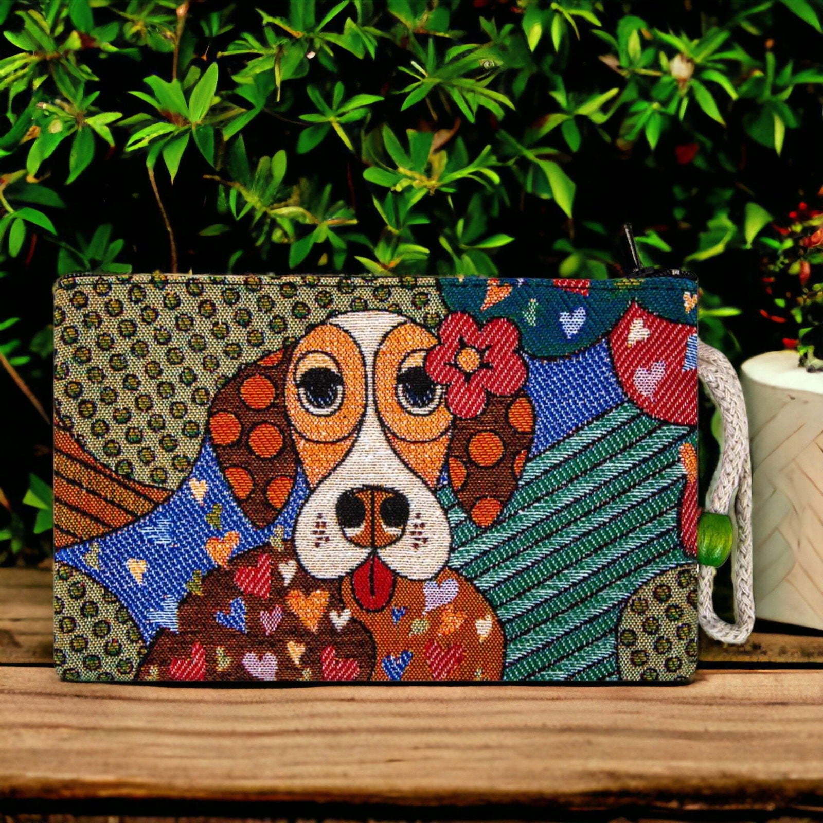 Colorful dog-face zipper clutch purse with woven carpet-style fabric