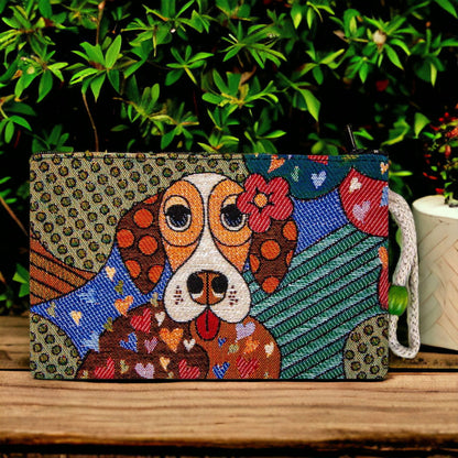 Colorful dog-face zipper clutch purse with woven carpet-style fabric