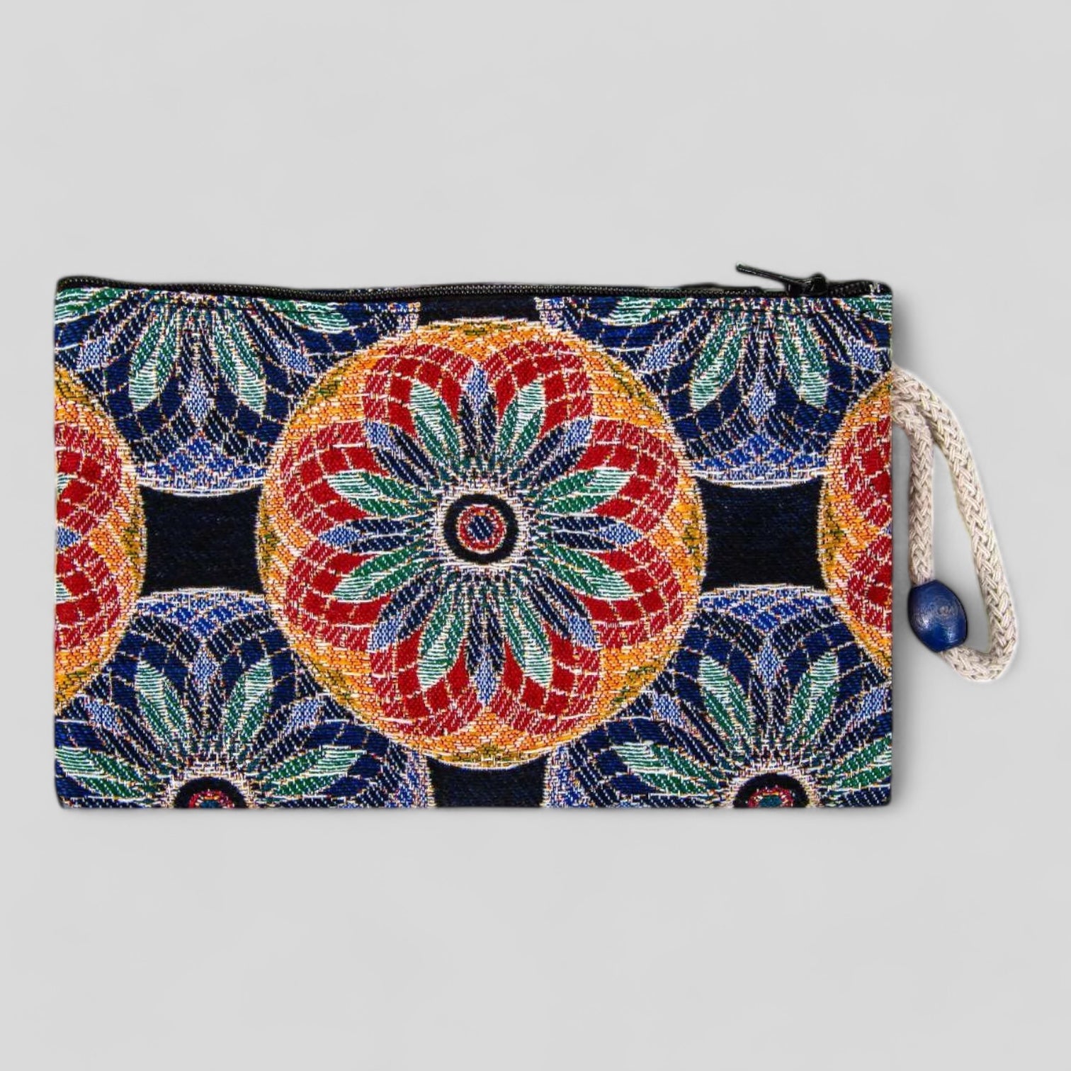 Floral mandala kilim clutch purse with zip, multicolor circular motif, wrist strap