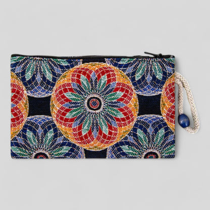 Floral mandala kilim clutch purse with zip, multicolor circular motif, wrist strap