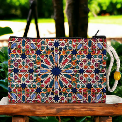 Kilim-style zipper clutch pouch with multicolor star mandala and braided cord