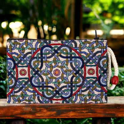 Multicolor geometric kilim fabric zipper clutch purse with ornate central medallion