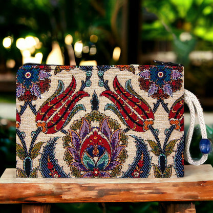 Kilim fabric zipper clutch pouch with red tulip pattern and blue tassel cord