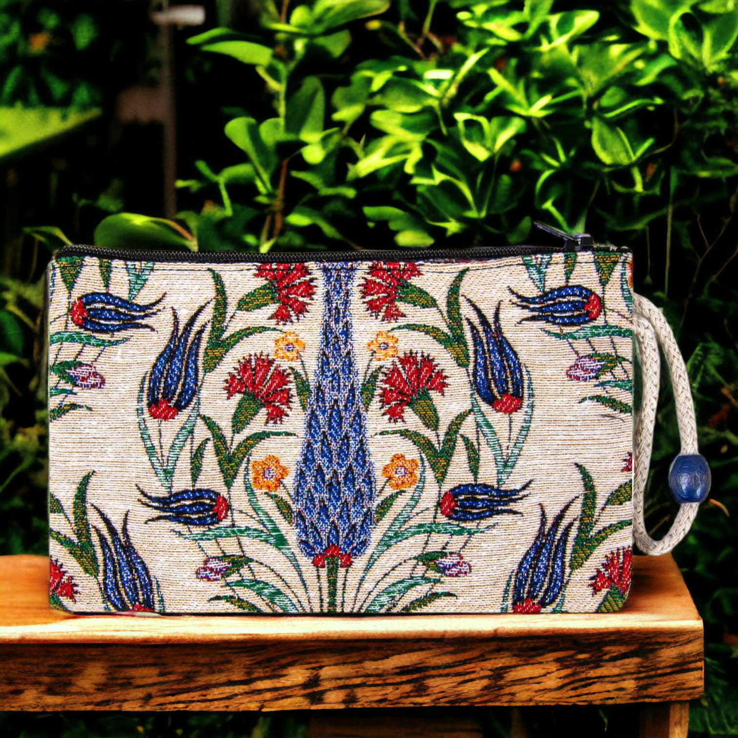 Zipper clutch purse with woven tulip pattern (blue and red), compact pouch with wrist strap