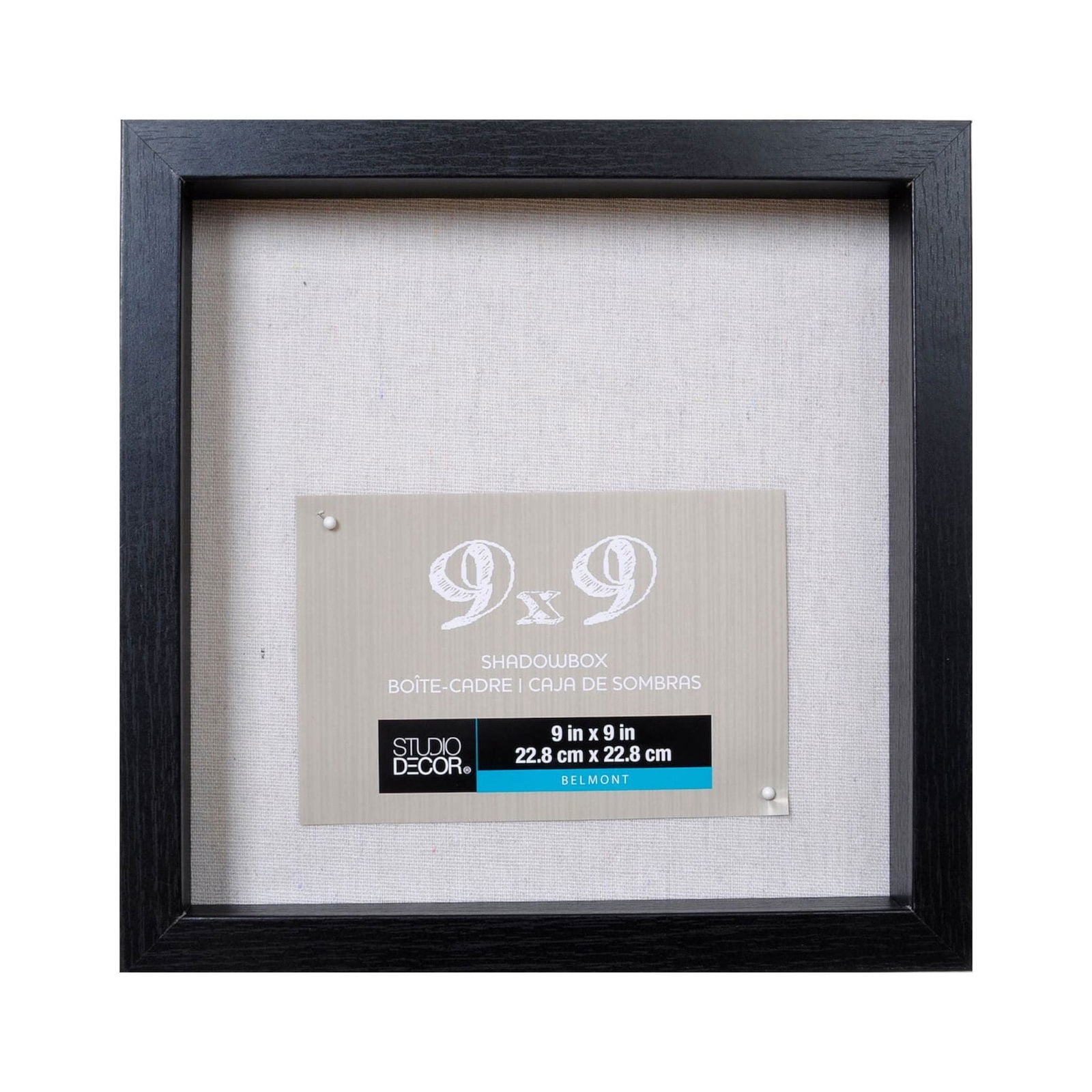 Black shadow box with label card on inner backing, 9x9 in size insert