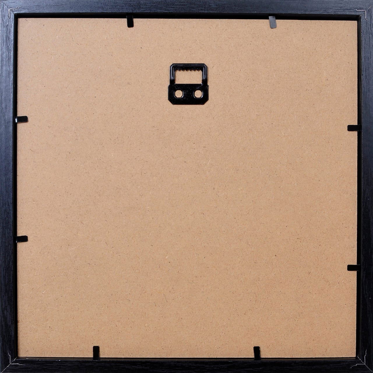 Black shadow box with dark frame and cardboard backing, corner mounting hardware