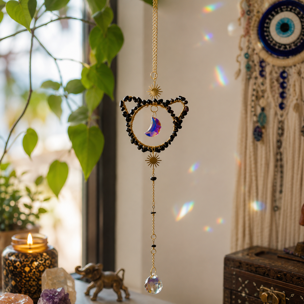 Black Cat & Crystal Moon Suncatcher Wall Hanging