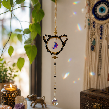 Black Cat & Crystal Moon Suncatcher Wall Hanging