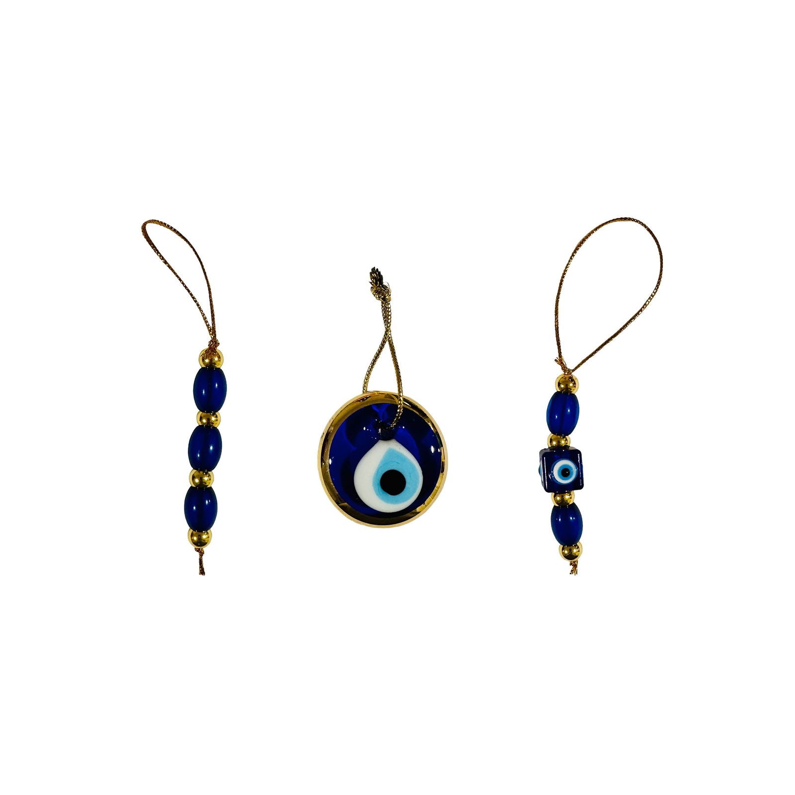 Evil eye ornament trio: round blue eye disc with bead strands and gold loop ties