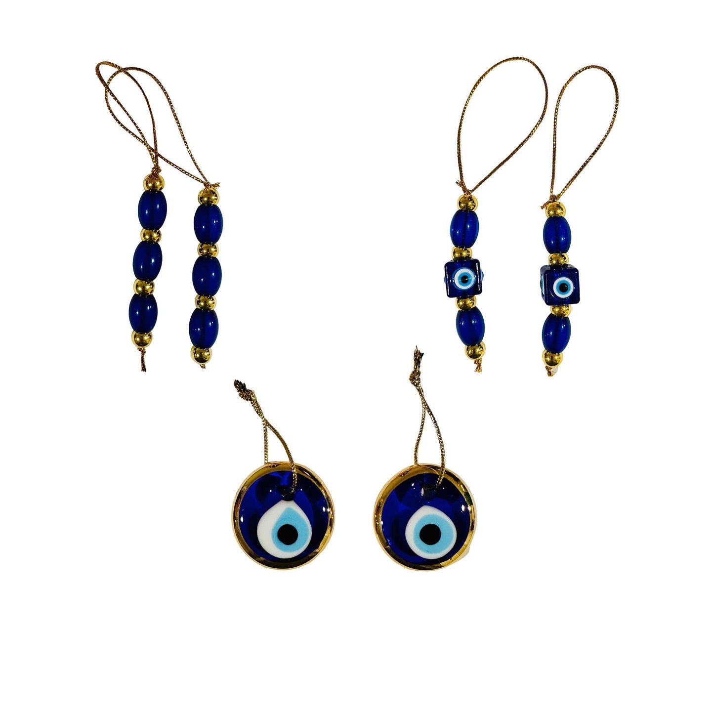 Assorted evil eye Christmas ornaments with blue bead tassels and round eye discs