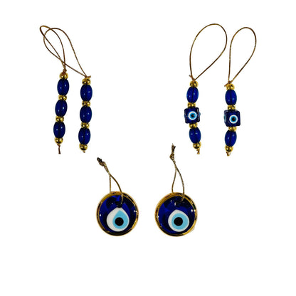 Assorted evil eye Christmas ornaments with blue bead tassels and round eye discs