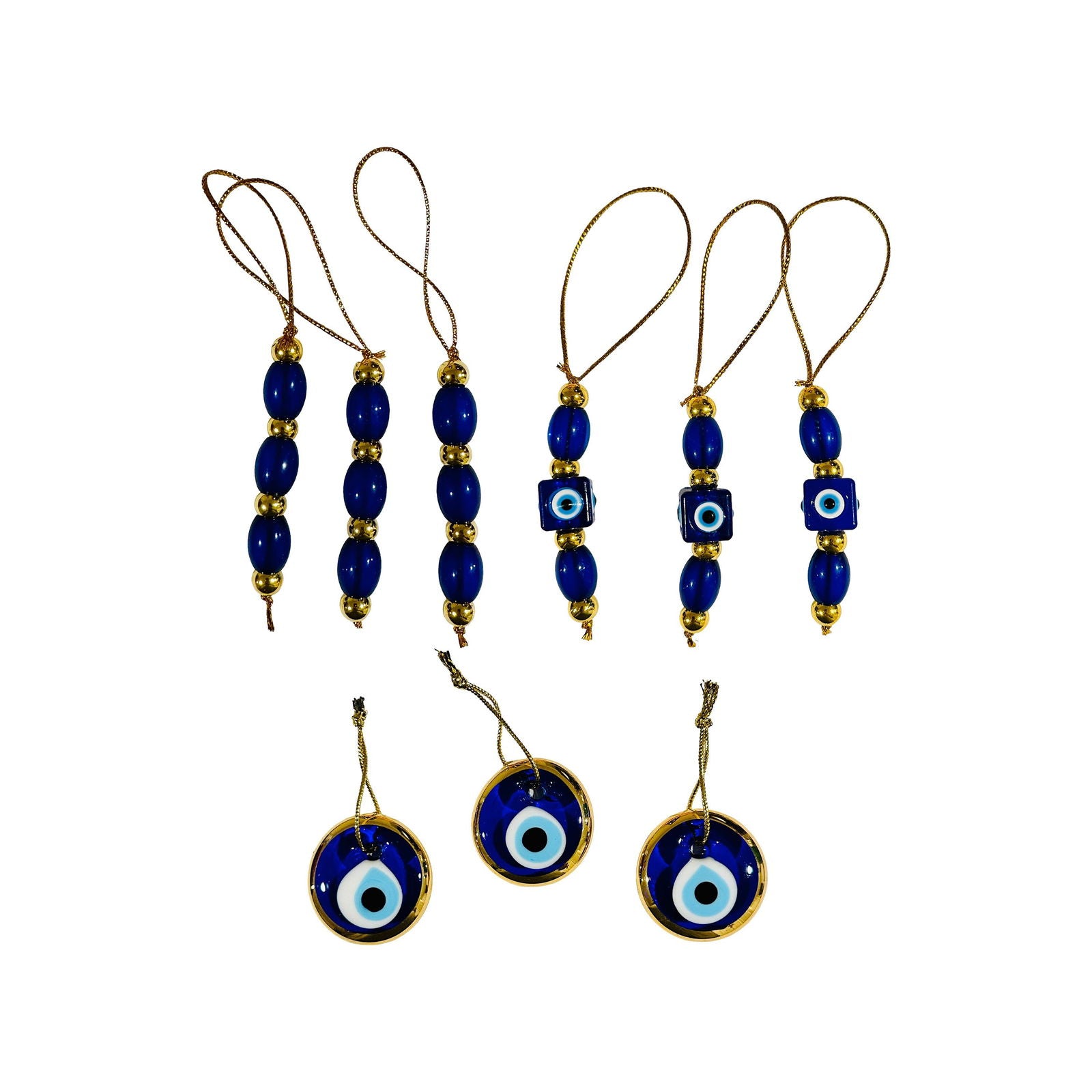 Set of evil eye ornaments featuring blue bead tassels and round blue eye discs