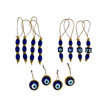 Large set of blue-and-gold evil eye ornaments with bead tassel hangers and eye discs