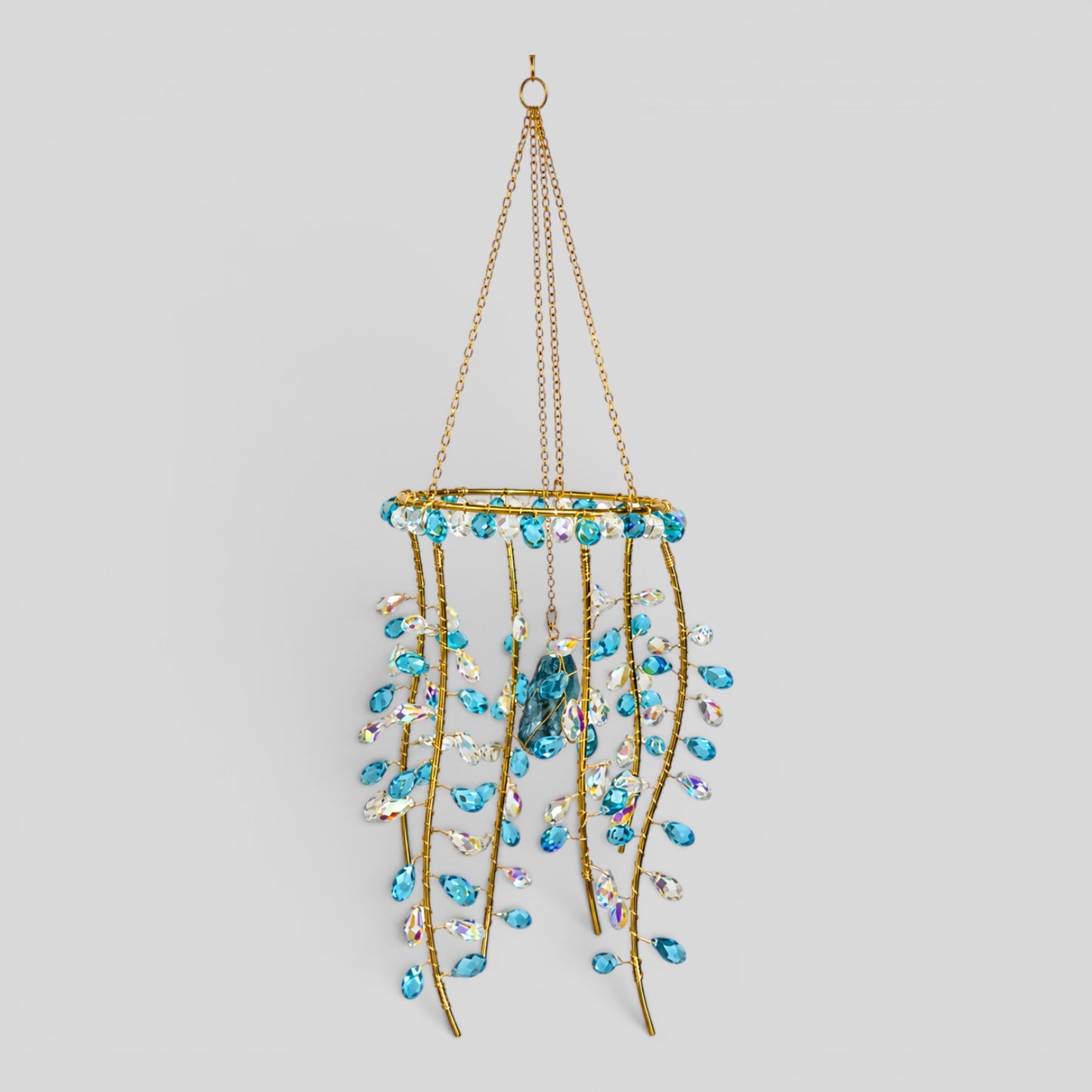 Gold hanging suncatcher with blue/clear prismatic beads and jellyfish charm