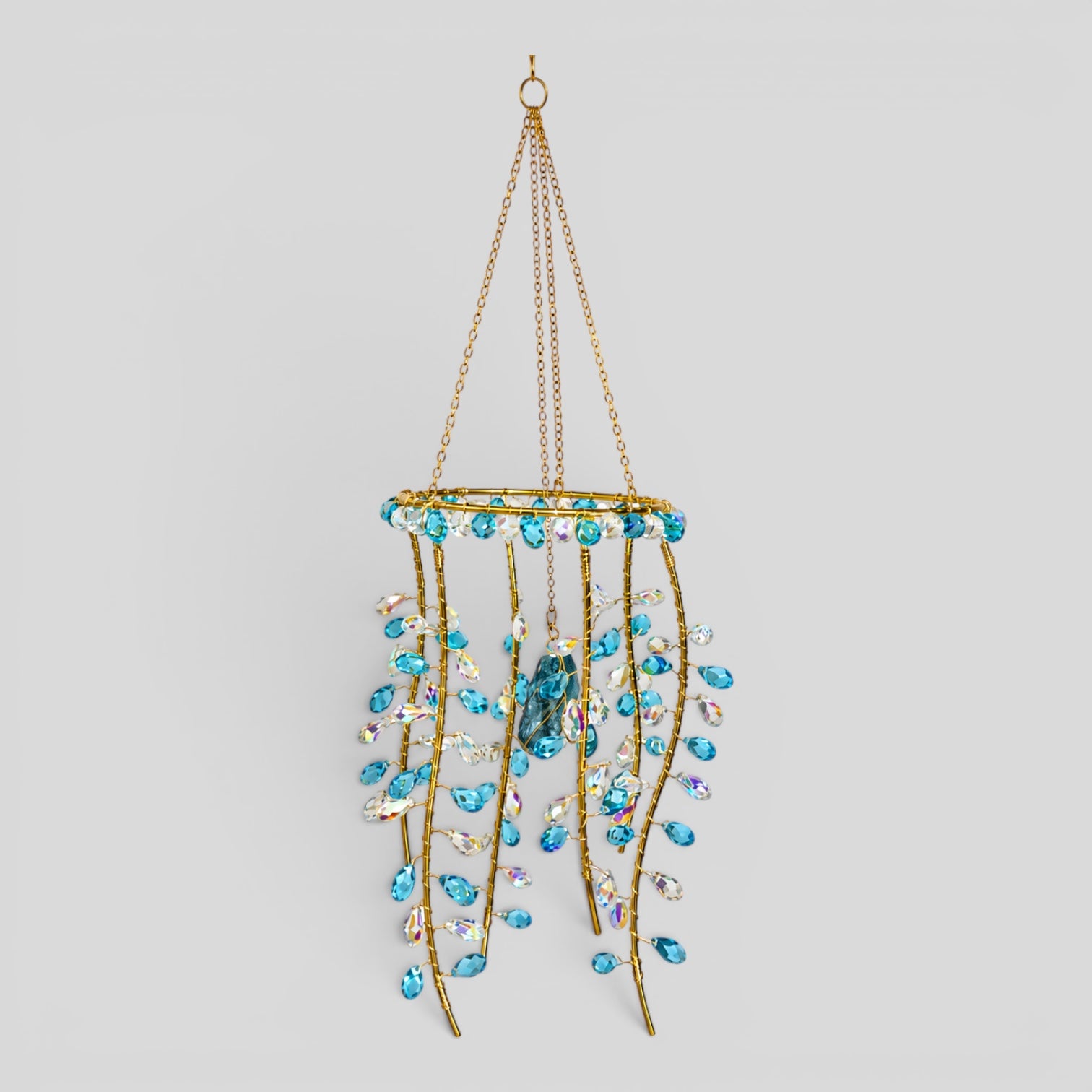 Gold hanging suncatcher with blue/clear prismatic beads and jellyfish charm