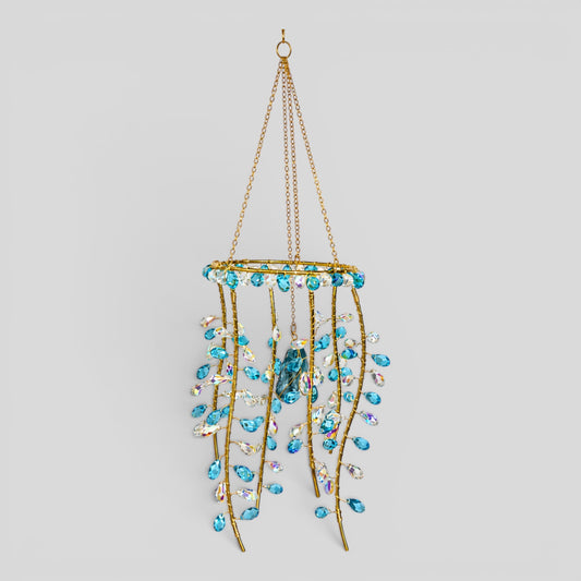 Gold hanging suncatcher with blue/clear prismatic beads and jellyfish charm