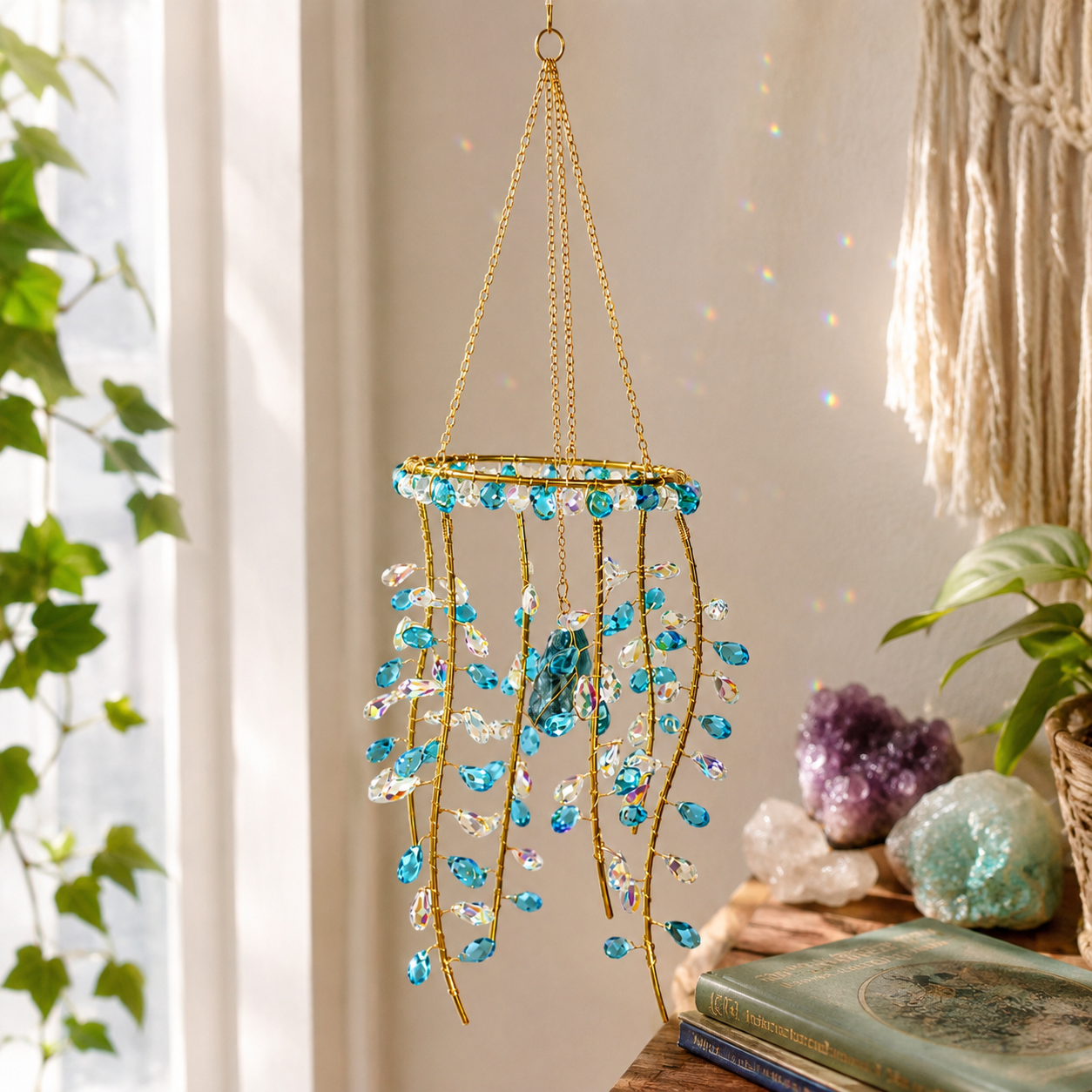 Gold hanging suncatcher with blue and clear beads and jellyfish charm