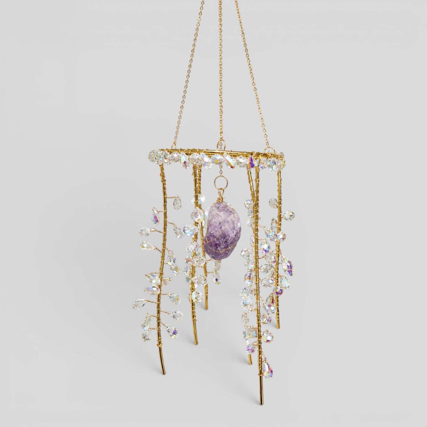 Hanging Gold Metal Suncatcher with Clear Prismatic Beads & Amethyst Stone - Jelly Fish